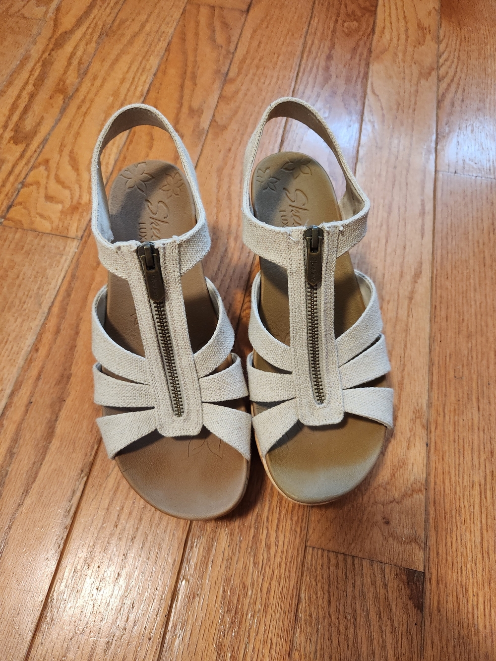 Skechers Beige Zip Front Wedge Sandals